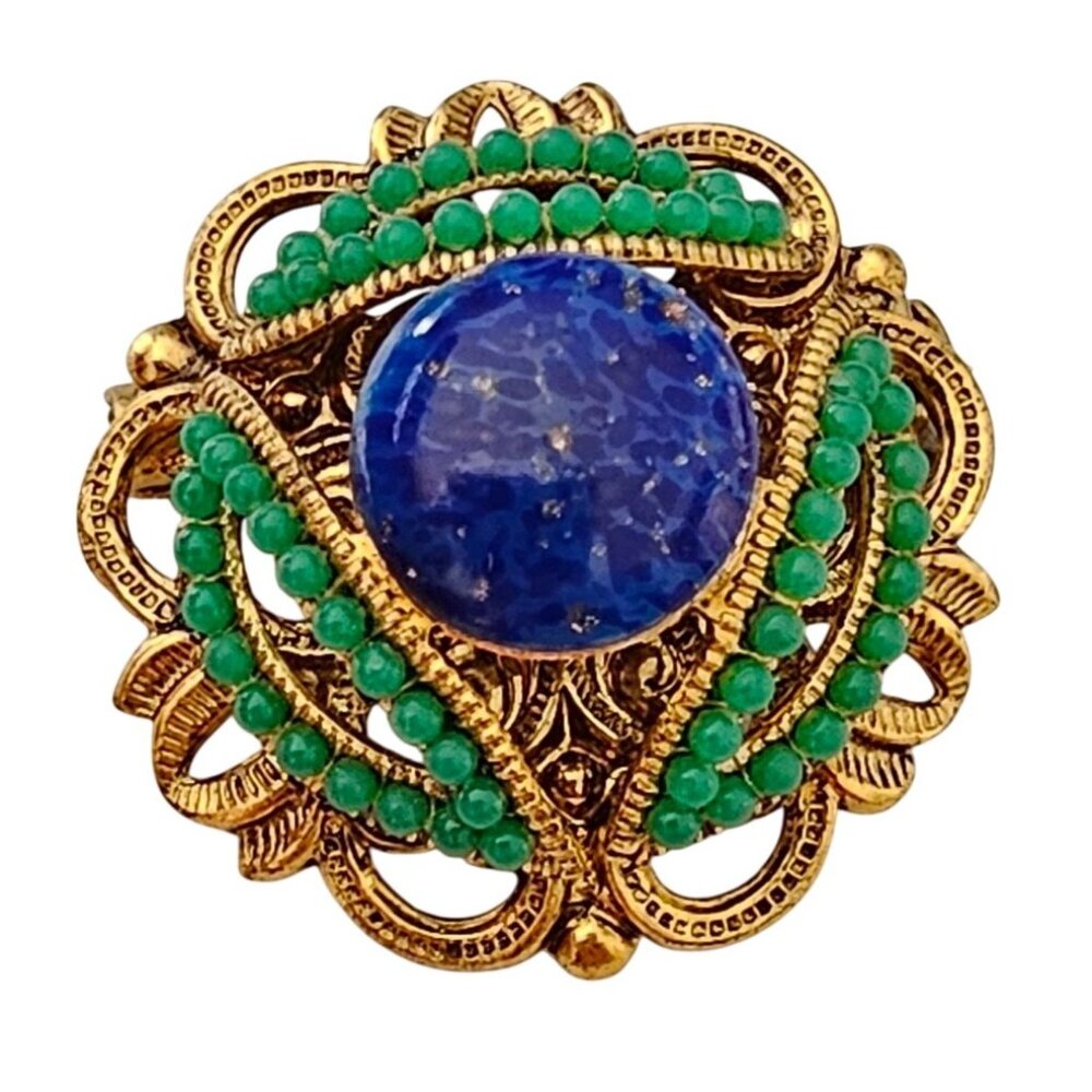 West Germany Blue Lapis Color Glass Stone Brooch Filigree Green Ball Pin J324